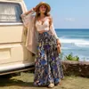 Pantalones de pierna ancha de cintura alta con estampado floral azul vintage de Amazon para mujer, con cintura elástica, silueta fluida y corte relajado