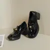 Mocassins de Salto Alto Camélia Dourada para Mulheres, Sapatos de Salto Grosso, Bico Redondo de Borracha, Confortáveis Sapatos de Couro Mary Jane