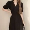 Fotos Reais Enviadas Vestido Longo Plissado com Lapela Chique para Mulheres Verão Novo Estilo Emagrecedor com Cinto