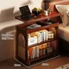 Mesa de noche móvil de madera maciza, mesa auxiliar pequeña, mesa de cama ajustable, estante lateral de almacenamiento integrado para dormitorio en casa estilo vintage