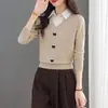 Suéter Feminino de Manga Comprida Falso Duas Peças 2025 Primavera e Outono Novo Estilo Lapela Polo Tricotado Camisa de Base Blusa com Laço