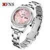 Reloj de Cuarzo Ofns Popular Redondo Verde Fantasma del Agua Negocios con Calendario Correa de Acero Anillo de Diamante Luminoso Resistente al Agua Reloj para Mujer