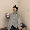 Camisa Holgada de Manga Larga Estilo Coreano para Mujer Primavera Harajuku Estilo Hong Kong Chaqueta Casual Retro Camisa de Rayas Top Tendencia Ins
