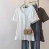Camiseta Plus Size de Comprimento Médio com Decote em U e Manga Curta para Mulheres Verão 2025 Nova para Gordas mm Solta com Efeito Emagrecedor Cobre a Barriga Top Assimétrico