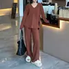 Novo Conjunto de Tricô Casual Solto com Gola V para Outono Calça e Blusa Conjunto Duas Peças Feminino Estilo Preguiçoso Cor Lisa Tricô