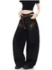 Jeans negros bordados estilo retro americano para mujer, para usar al revés, diseño de primavera y otoño, de cintura alta, holgados, de pierna recta, de pierna ancha, de pierna curva