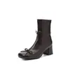 Botines Delgados Estilo Francés con Lazo Dulce para Combinar con Faldas, Invierno 2025 Gruesos de Tacón Alto Cuadrados Ajustados Elásticos para Tobillo para Mujer