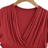 Camiseta sexy de manga corta con volantes y escote en V para mujer, diseño de verano, elegante, entallada, adelgazante, top corto, venta al por mayor