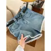 Shorts Jeans Feminino de Verão Novo com Renda Azul de Cintura Alta plus size Casual Solto Modelador Calça Wide Leg em A.