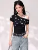 Novo estilo blusa casual feminina justa franzida com bojo, estampa de estrela, falso duas peças, manga curta de um ombro