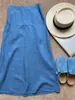Falda de lino azul súper bonita para mujer, otoño larga cómoda versátil de cintura alta fina algodón-lino ramio línea A falda de paraguas