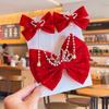 Grampo de Princesa para Crianças Corrente de Testa para Meninas Ano Novo Laço Vermelho Presilha com Pérola Adorno de Cabeça para Meninas Ano Novo