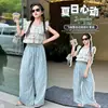 Conjunto de Blusa Estilo Muñeca con Mangas Voladas para Niñas 2026 Nuevo Atuendo de Verano Elegante para Niños Mayores, Conjunto de Dos Piezas con Pantalones Rectos Rayados