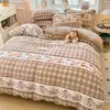 Juego de cuatro piezas de terciopelo de leche de alto gramaje, juego de cama de tres piezas de terciopelo coral afelpado y engrosado con estampado de dibujos animados