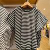 Camiseta de algodón de verano 2023 para mujer, cuello redondo, holgada, a rayas, manga corta, perfilada, camiseta de manga corta, combinable, E458963