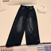 Calça Larga Retro Gradiente Preto e Cinza com Strass, Cintura Alta e Cordão, Jeans Slimming Street Style Solto de Perna Reta Comprimento Total