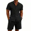 Conjunto de Verano Transfronterizo de Amazon para Hombre: Camisa Casual Sencilla de Color Sólido con Cuello y Mangas Cortas y Pantalones Cortos a Rayas para Hombre