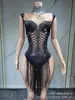 Mono Sexy Ajustado de Nuevo Estilo Elegante para Fiestas de Socialité con Borlas de Pedrería Hueco Entallado al Cuerpo Atuendo para Actuación en Escenario