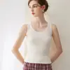 Colete Tricot de Gola Redonda Sem Manga Listrado Outono Inverno Feminino Cor Sólida Emagrecedor Camisola Tricotada em Caxemira
