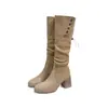 Botas de plataforma de tacón alto de gamuza retro, de dos vías, botas altas, tacones gruesos de suela gruesa, marrones, al estilo de un cowboy occidental