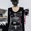 Estilo Ins Ajustado Color Sólido Estampado Pedrería Manga Larga Camiseta para Mujer Cuello en U Chica Popular Estilo Callejero Americano Retro
