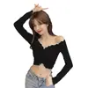 Top Curto Europeu e Americano Quente Feminino Spice Girls Manga Longa Nicho Clavícula Off-shoulder Sexy Ombro Exposto Base Apertada Camiseta