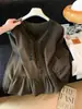 Blusa de cuello en V con ribete de encaje, nueva colección de otoño para mujer, moderna y versátil, con dobladillo fruncido, top de corte holgado, camisa estilo francés