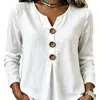 Top Branco Simples de Algodão e Linho com Mangas Longas para Mulheres, Estilo Europeu e Americano 2026, Modelagem Solta com Design de Botão Grande, Adequado para Trabalho e Uso Casual, Decote V