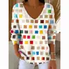Estación Independiente Transfronteriza Europea y Americana Nueva Camiseta de Moda para Mujer Estampado 3D Color Degradado Cuello en V Manga Larga Top Verano Europeo y Americano