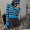 Coleção de outono estilo coreano: cardigan de tricô patchwork listrado com babados versátil, uma peça de outer wear estilosa para mulheres