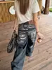 Jeans Retrô Americano Solto Desgastado com Estampa de Letras Perna Reta Feminino Calças de Perna Larga Comprimento Total Caimento Limpo Tendência