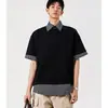 Camisa Polo Rayada Estilo Americano Falsa de Dos Piezas Manga Corta Unisex Verano Tendencia Marca Peso Pesado Holgada Versátil Camiseta de Media Manga para Pareja