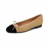 Zapatos Planos de Piel de Vaca Bloques de Color Boca Poco Profunda para Mujer, Nuevo Estilo Primavera Temprana, Piel Genuina por Dentro y por Fuera, Lazo, Zapatos Planos Estilo Chanel para Mujer
