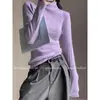 Camisa base de tricô azul de gola semimang alta para mulheres, suéter macio de outono de alta qualidade com corte justo, camada interna com um toque tom de chá