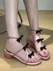 Sandalias Romanas Doradas con Brillo, Punta Abierta y Moño para Mujer 2025 Nuevo Estilo Tacón Medio Grueso Tacones Altos Impresionantes