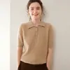 Otoño e Invierno Nuevo Punto de Cachemira Pura para Mujer Cuello Polo Retorcido Delgado Top Interior de Manga Corta Tejido Camisa Base de Tejido