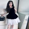 Vestido de verano 2025 para niña, nuevo lanzamiento, estilo coreano, negro sin mangas, cintura blanca, falda de gasa, vestido de princesa de terciopelo