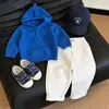 Conjunto de ropa infantil estilo coreano 2026 otoño e invierno nuevo estilo para niños y niñas, elegante suéter azul con capucha y pantalones casuales