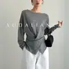 Top de punto de lana con diseño único cruzado en la cintura para mujer, adecuado tanto para llevar solo como debajo de otra prenda.