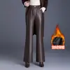 Calças femininas grossas com forro de fleece, calças de couro PU, calças flare justas para outono e inverno, calças compridas da moda de cintura alta, emagrecem e valorizam o corpo com cintura elástica