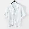 Camiseta de Lino de Manga Corta para Hombre Verano Cuello Casual Polo de Manga Media Vintage Arrugado Top de Algodón y Lino