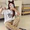 Pijama Su Xixi Estampado de Leopardo Lindo Gato Kt Porcelana de Hielo Algodón Puro para Mujer, Mangas Cortas, Pantalones, Ropa Exterior de Dibujos Animados, Conjunto de Ropa para el Hogar