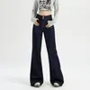 Jeans Acampanados Adelgazantes y que Cubren la Carne de Cintura Alta Color Naranja Infantil # Chica Popular de la Alta Calle Americana para Mujer
