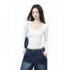 Camiseta Wubi Crab de Seda Gelada com Costelas Cor Sólida Gola Quadrada Manga Longa, Nova Camada Interna de Outono Feminina, Top Justo