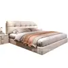 Cama de Couro Estilo Minimalista Italiano Cor Creme Seção Quadrada Estofamento Macio Acolchoado Cabeceira Grande Quarto Principal Cama de Casal Moderna Couro Nappa Cama de Casamento