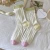 Calcetines de Algodón Puro para Mujer Verano Calcetines Finos de Malla Borde de Oreja de Madera Lunares Ondulados Amor Calcetines de Tubo Medio Transpirables Calcetines de Seda con Volantes