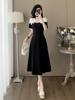 Vestido de Verano Hermoso Estilo Francés para Mujer Cintura Ajustada para Cubrir Vientre Europeo Niche de Alta Gama Encaje Cosido Vestido Negro Pequeño Vestido Largo