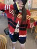 Foto Real de Design de Listras Contrastantes Suéter de Tricô de Botão Único para Mulheres Outono e Inverno 2025 Novo Cardigan Jaqueta de Gola Redonda