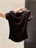 Top Chic de Verano para Mujer con Pliegues en la Cintura, Mangas Cortas, Hombros Descubiertos, Cuello Francés Oscilante, Aspecto Adelgazante, Camiseta Asimétrica de Nicho