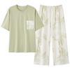 Pijama Feminino de Verão Classe A Algodão Puro Antimicrobiano Antiácaro Manga Curta Calça Cropped Casual Gola Redonda Roupa de Casa Roupa Externa terno